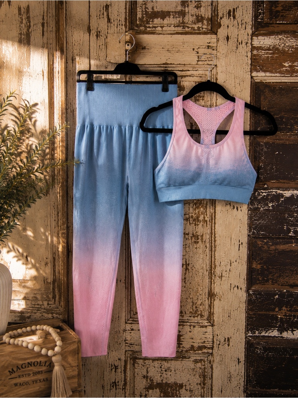 Pink Blue Ombre Workout Set | Seamless Sports Bra & Leggings | Size L